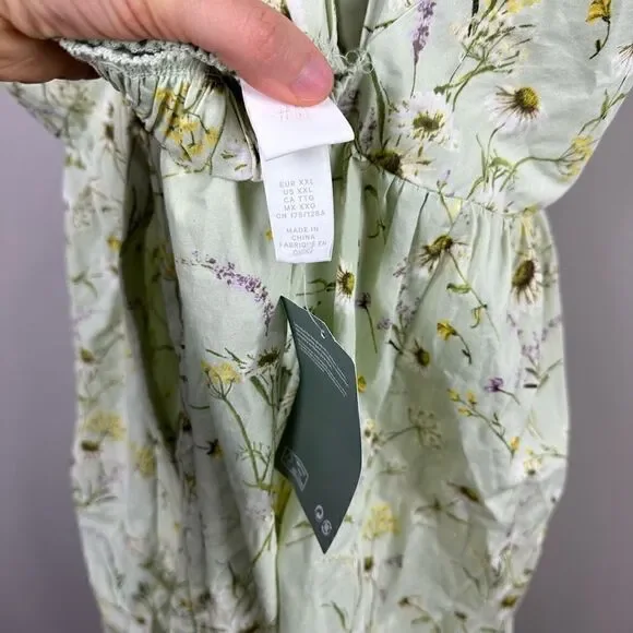 H&M Wildflower Meadow open back Poplin Light Green Floral midi Dress - Picture 9 of 12